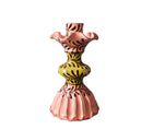 A small candlestick in soft pinks, and lime , is hand painted with chocolate garlands, with its striped detailed base, is a great piece whether standing alone or combined with it's taller partners. Size: H: 18cm Diameter: Base: 10cm Material: Glazed Earthenware.