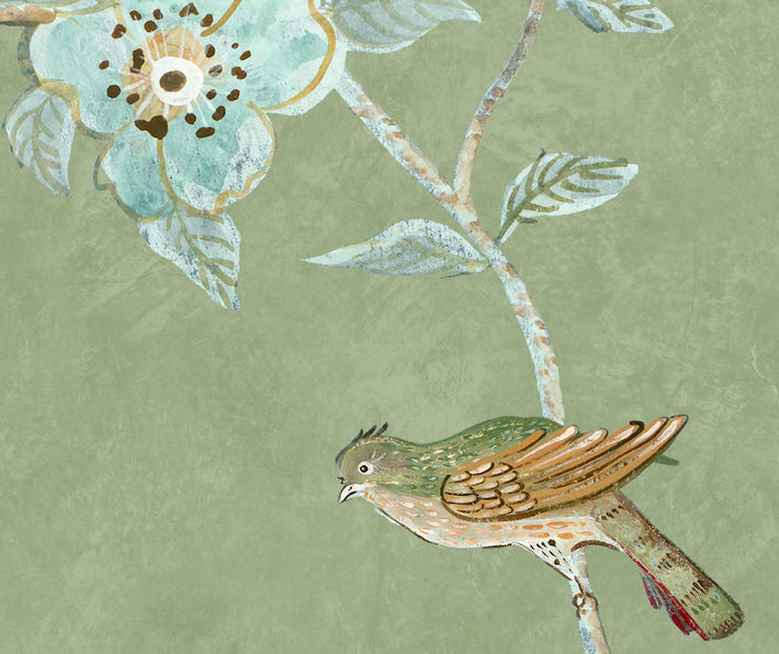 Detailed shot of the Kit's New Songbird Wallpaper in the spring colourway is suffused in the green of an English rainy day, with its songbird standing on the delicate branches of the dog roses