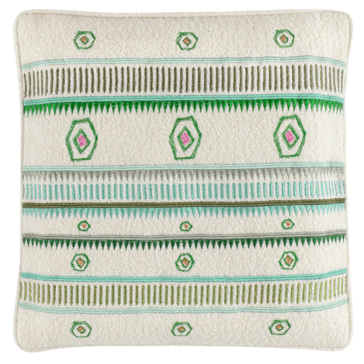 Kit Kemp's Spring Bush Cushion, from her New Forest Collection with Annie Selke, is hand embroidered kilim inspired design, in green, featuring traditional Anatolian motifs. Made in a soft boiled wool, it brings tactile warmth and eclectic style to any space. 