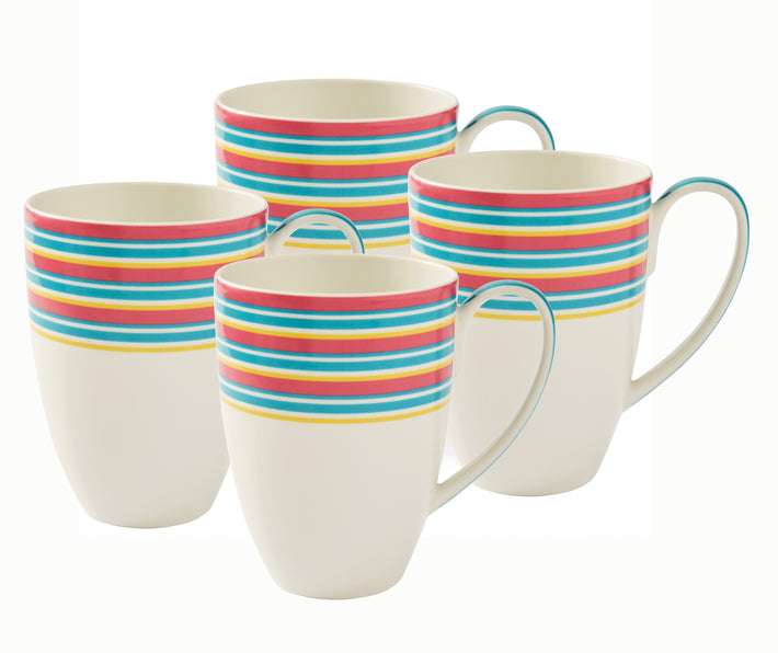 The Calypso Striped Mugs,sold in sets of 4, are large white mugs, with a wide borders formed of alternate pink, blue and yellow stripes and combines as an alternative piece to layer into this colourful collection.