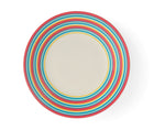 The Calypso Striped Salad plate is a 23.5 cm white plate, which combines all the collections colours to give and alternative design to layer into this cheerful china collection, with its wide border of narrow stripes in yellow, turquoise and pink, shown with petit fours and ready for a quick coffee break.