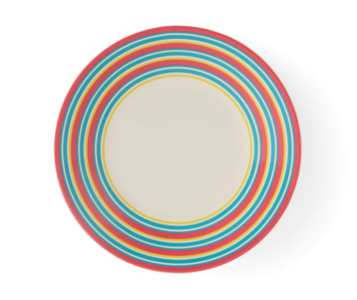 The Calypso Striped Salad plate is a 23.5 cm white plate, which combines all the collections colours to give and alternative design to layer into this cheerful china collection, with its wide border of narrow stripes in yellow, turquoise and pink, shown with petit fours and ready for a quick coffee break.