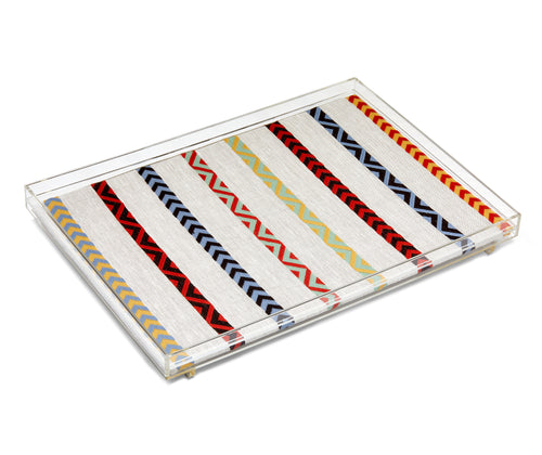 Acrylic tray in fabric showing colourful stripes in bright colours in tones of yellow, grey, black, red, green, yellow