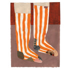 Artwork by Jo Waterhouse showing pair of socks in orange and white stripes with patchwork toes and heels