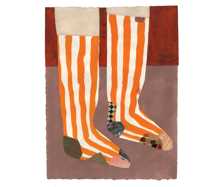 Artwork by Jo Waterhouse showing pair of socks in orange and white stripes with patchwork toes and heels