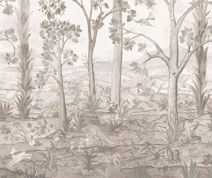 a detailed shot of the Tall Trees mural wallpaper, in cocoa with its desaturated background and sepia tones sees this enchanted forest, where your treetop view is filled with birds and mythical creatures, in a new light. 