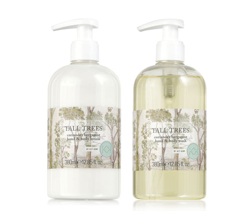 The Tall Trees Hand and Body Lotion , is a white lotion presented in 380ml clear bottle, with white pump, with the Tall Trees design, a print in sepia tones, of beige and green, used on the label, shown with the Hand & Body Wash.