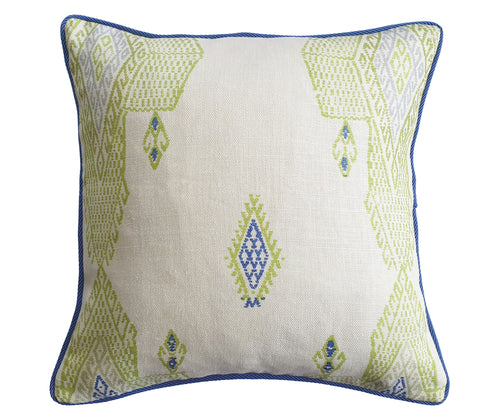 45 by 45 cm cushion travelling light fabric (showing with a contemporary kilim design), in lime green, on a off white linen ground, with blue contrasted detailing, and with blue piping trim.