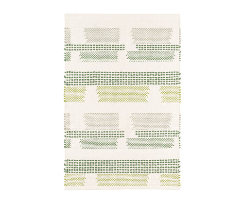 Tonal dotted strips of color on a white ground randomly break at intervals in this witty cotton flatweave rug design