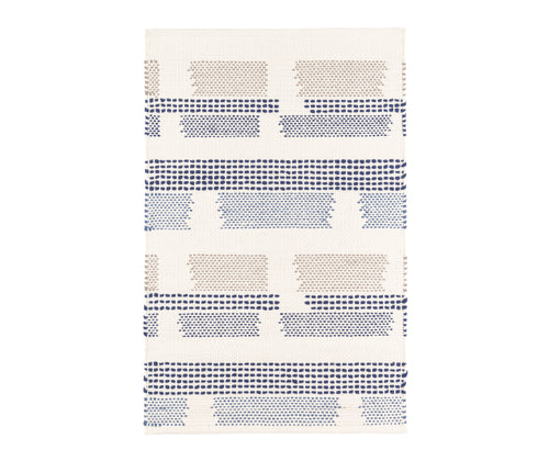 Tonal dotted strips of color on a white ground randomly break at intervals in this witty cotton flatweave rug design