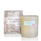 A round scented coriander bergamot candle in a glass frosted vessel and a packaging box with tall trees design applied