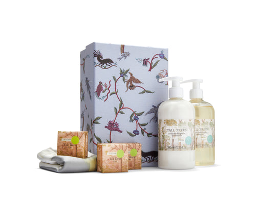 Kit Kemp's Tall Trees Hair Gift Set, combines the zesty thrill of pink pepper with the earthy tones of cedarwood and purple patchouli, to create a scent of gentle well being,and contains everything you could possible need, with shampoo, conditioner, a silk scarf and 3x50g soap, beautifully presented in the Mythical creatures gift box Size: 1 x 380ml Shampoo, 1 x380ml conditioner 3x 50g Soaps