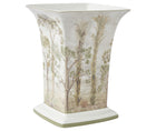 The Tall Trees Square Vase, is wrapped in Kit Kemp's tree top landscape, of billowing leaves and birds in flight, in soft beiges and greens, is a stand out piece, designed to house an abundant bouquet to finish of your table scaping, or just simply to adorn your mantel, it makes a wonderful gift.