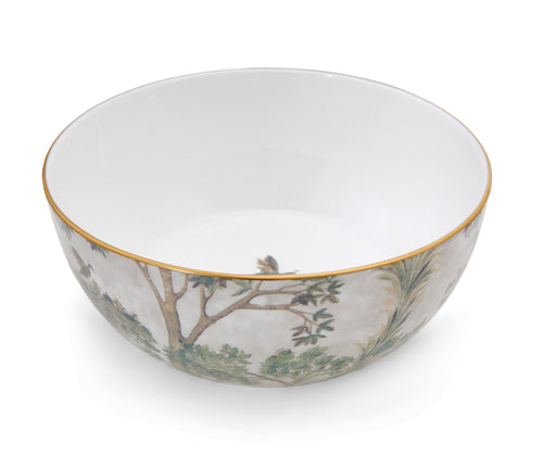 Created from Fine Bone China, with its translucency and superior strength Kit Kemp's Tall Trees Serving Bowl, is designed to be the centre piece of your dining table, whether that be serving dinner with friends, or Sunday lunch with family. Hand finished with 24 carat gold, our large serving bowl, allows you to fully explore the Tall Trees landscape. Size: 10.2/26cm