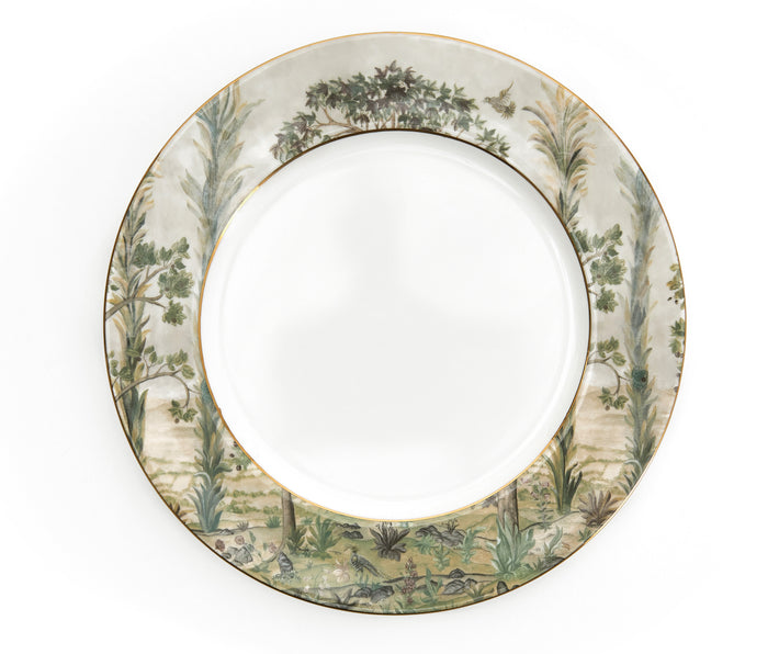 This Tall Trees Dinner Plate with it's tree top view of Kit Kemp's Tall Tree's design, in warm natural beige and green tones, is hand finished in gold, has a white centre, is bordered in the tall trees design with hand finished gold banding and both in and outer edge. size 28cm/11