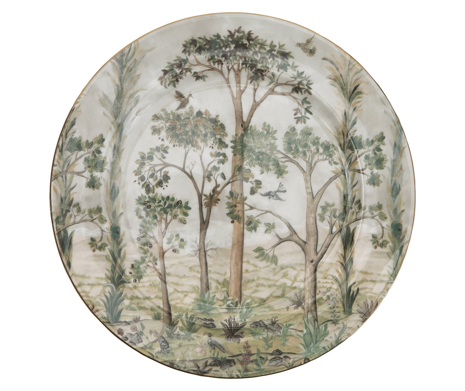 The Fine bone china Dinner Plate with it's tree top view of Kit Kemp's Tall Tree's design, in warm natural beige and green tones, is hand finished in gold. This 12/30cm charger is embellished with the full landscape of the tall tree's design, and forms the foundation piece of these stacking plate design.