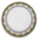 The Geo charger is a large, 12 fine bone china plate, bordered by an edge of the bold Geo design with it's scalloped olive pattern, and deep orange dots.