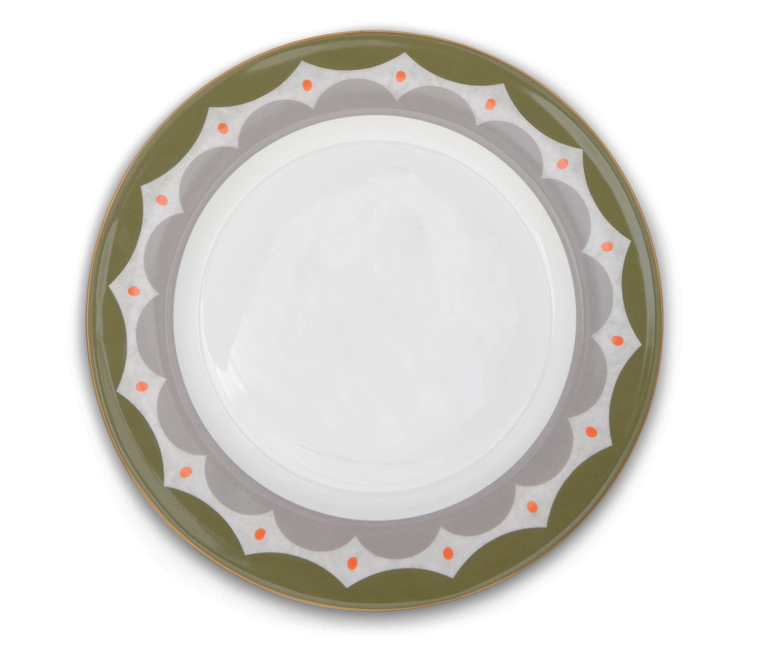 The Geo charger is a large, 12 fine bone china plate, bordered by an edge of the bold Geo design with it's scalloped olive pattern, and deep orange dots.