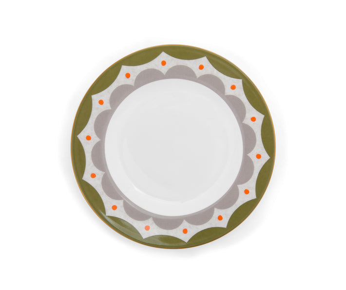 Sold in a set of set of 4, this fine bone china 6 side plates are bordered by an edge of the bold Geo design with it's scalloped pattern, in two shades of olive and deep orange dots.