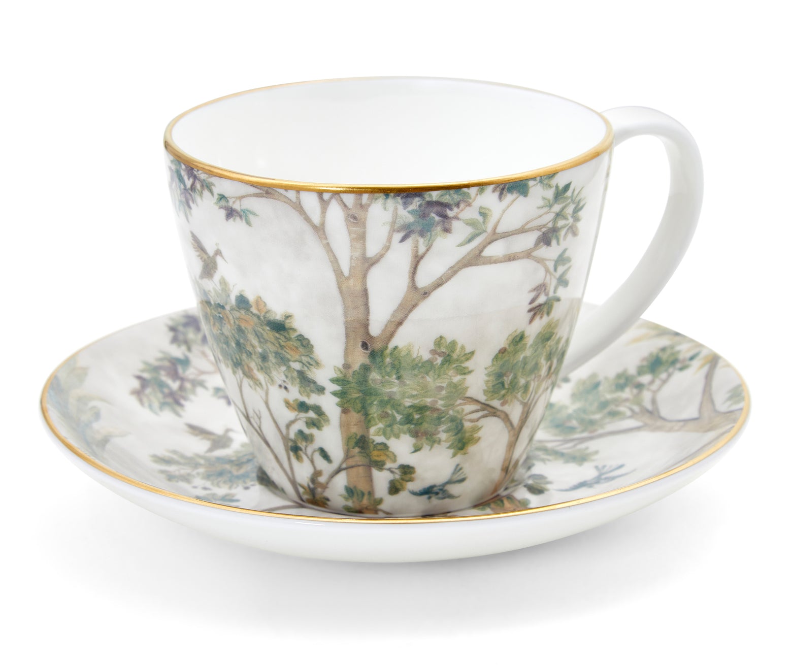 Kit Kemp's Tall trees Breakfast Cup and Saucer, in fine bone china, is a large tapered cup, wrapped in the tall trees design, in shades of beige an green. and tipped with hand painted in 24 carat gold band along the rim of both cup and saucer; it forms the heart of any tea service.