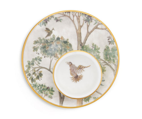 The Tall Trees Butter and Ramekin Dish, is enveloped in the natural tones of the Tall trees design , and with the mythical bird of the collection making an appearance in the centre of the ramekin, and are hand painted with 24 carat gold banding along the rim of both dish and saucer.