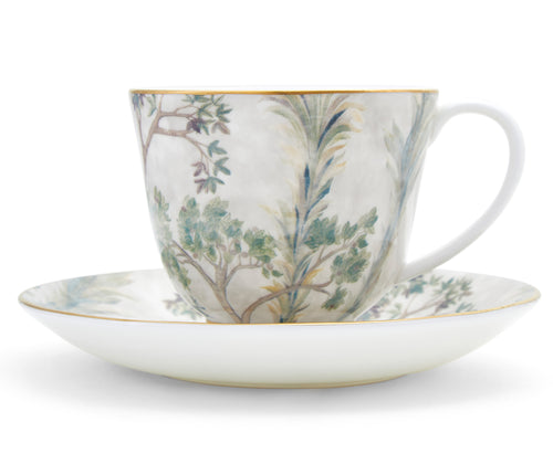 Kit Kemp's Tall trees Teacup and Saucer, in fine bone china, has an elegantly fluted foot, is a beautifully proportioned cup, and saucer wrapped in the tall trees design, and tipped with hand painted in 24 carat gold bands, it forms the heart of any tea service.