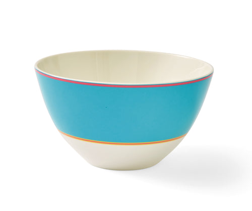 The Turquoise Calypso Bowl ,is a deep white bowl, with a wide turquoise blue band, bordered by narrow central stripes in pink and yellow, and tipped with a pink outer band. Sold in sets of 4, these plates bring joy and sunshine to your table settings.