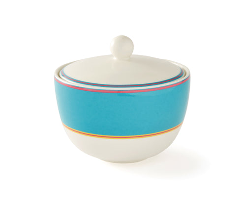 The Turquoise Covered Sugar Bowl has a simple domed shape with its wide turquoise band, bordered by narrow stripes in pink and yellow, and topped with a elegantly simple white lid, and adds a touch of colour to your breakfast table.