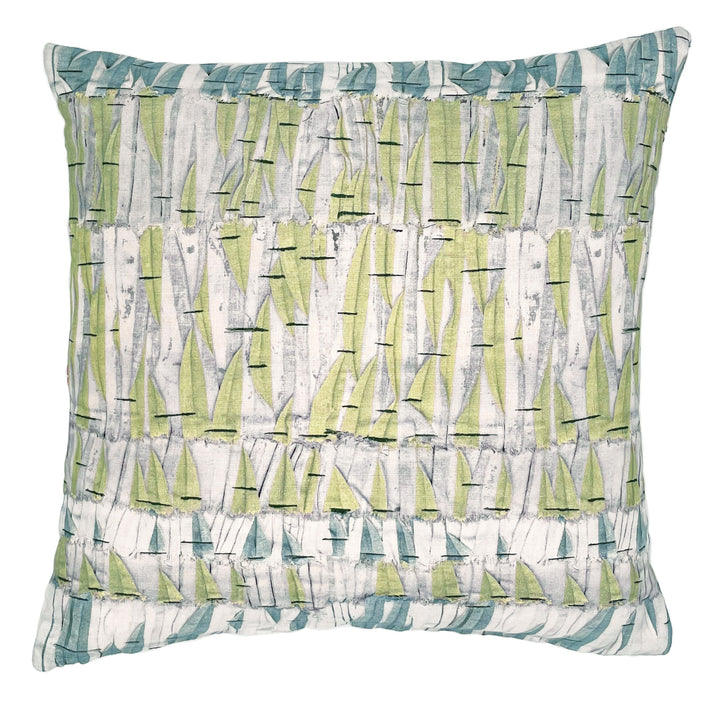 Kit's willow fabric in pale green and aqua blue is used in this 45cm x 45cm feather filled cushion