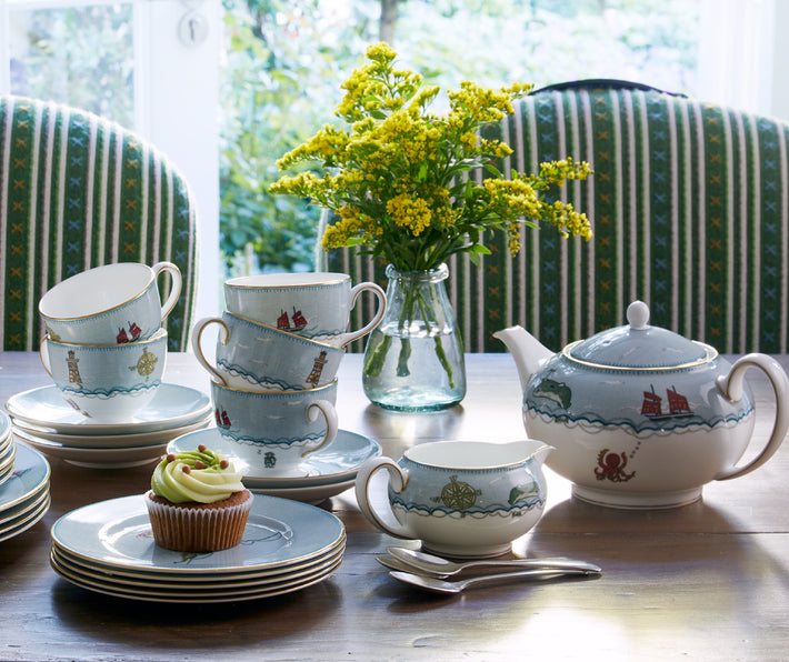 Kit Kemp for Wedgwood. Various Sailor's Farewell pieces including tea cups and saucers, large tea pot, side plates, cream/milk jug