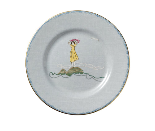 Kit Kemp for Wedgwood. Sailor's Farewell side plate, crafted in fine bone china, focuses on the charming central character, a girl in a yellow dress waving good bye to her sailor boy with a pink handkerchief