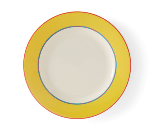 The Yellow Calypso Side Plate, is a large 24cm white plate, with a wide yellow band, bordered by narrow central stripes in pink and blue, and tipped with a pink outer band. Sold in sets of 4, these plates bring joy and sunshine to your table settings.