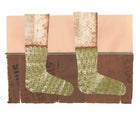 Artwork by Jo Waterhouse showing pair of green and white wiggly socks on brown background