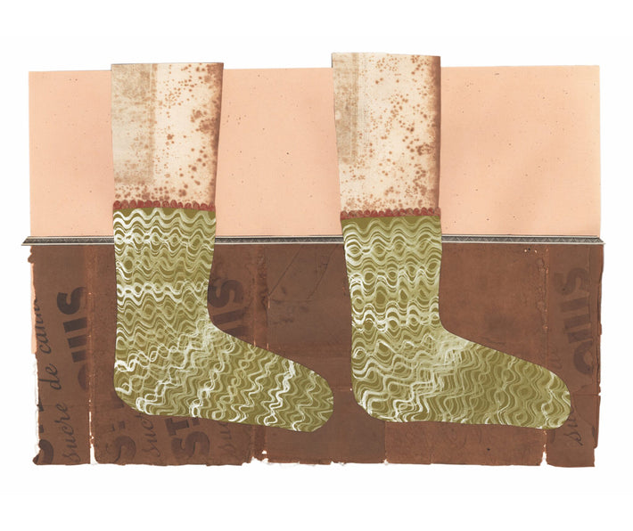 Artwork by Jo Waterhouse showing pair of green and white wiggly socks on brown background